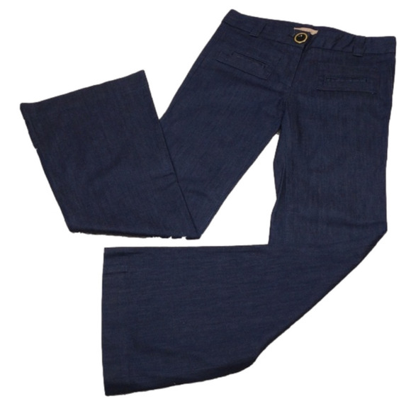 Sandro Blue Dark Wash Mid Rise Zipper Front Wide Flare Leg Dress Denim Pant - Picture 1 of 13
